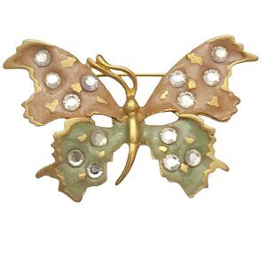 Matte Gold Tone Enamel Clear Rhinestone Butterfly Brooch, Designer Style M809